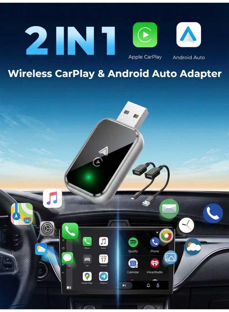 محول لاسلكي 2 في 1 لـ CarPlay و Android Auto، يحول المحول السلكي إلى محول لاسلكي لـ CarPlay، بدون تأخير وتحكم مستقر، حجم صغير مع كابل تمديد USB-C و Type-C (أسود) - Image 1